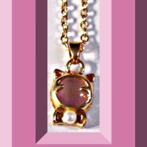 Gold Tone Cat / Kitten Design Necklace With White Faux Pearl & Pink Bead